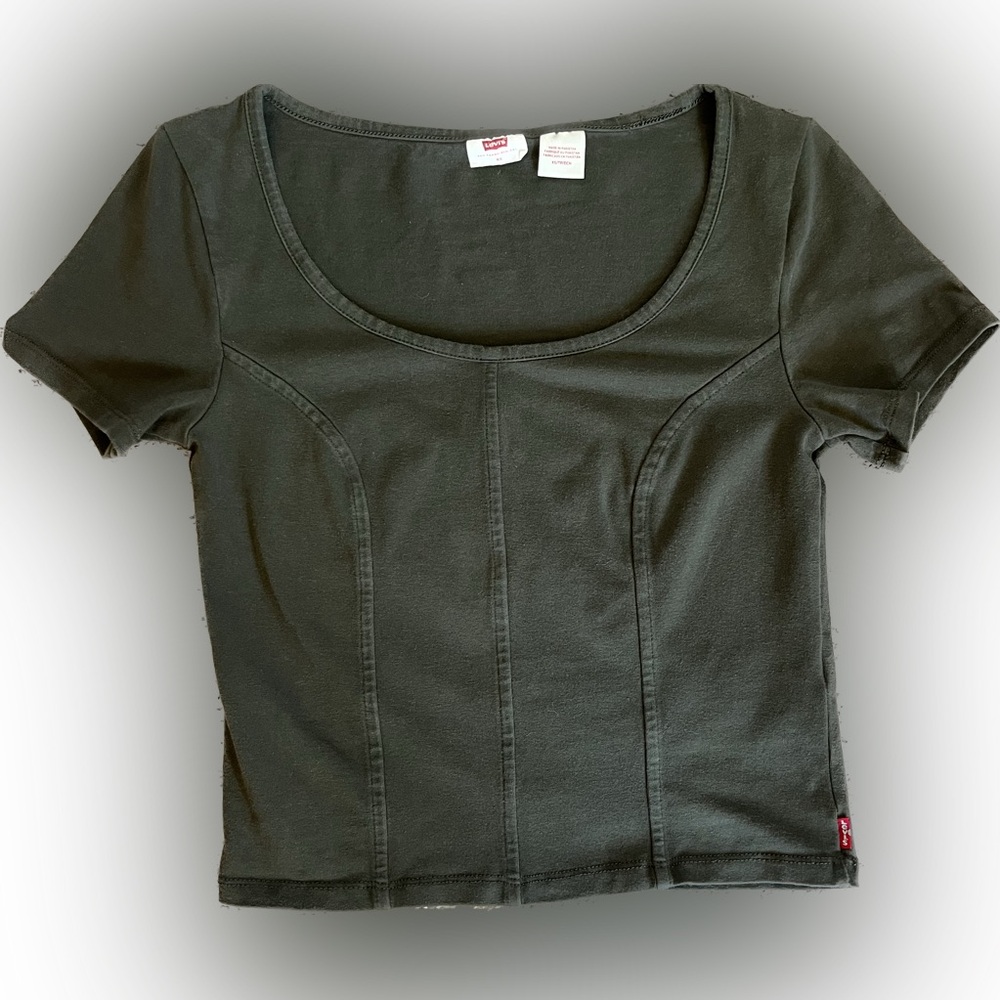 Levi’s Mars Corset Short Sleeve Cropped T Shirt Size XS Olive Green Slim Fit Top